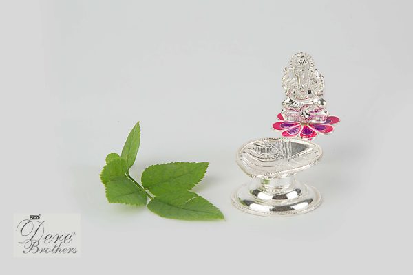 Ganesh Handle Pink Flower and Leaf Diya - Image 2